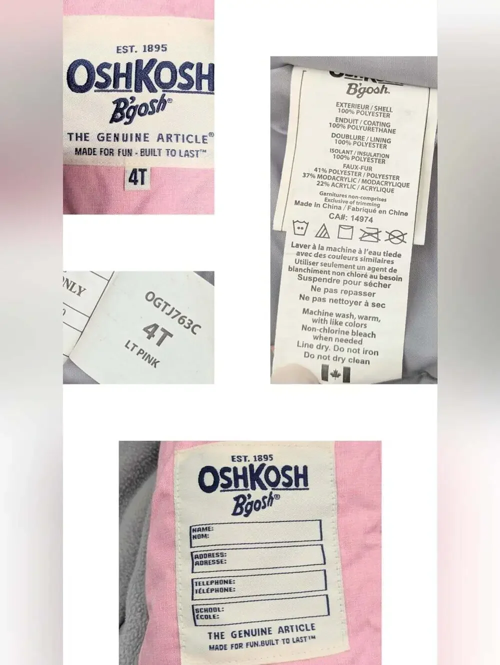 OshKosh B'gosh Girls' (4T) Pink Puffer Jacket/Coat w/ Faux Fur Removable Hood